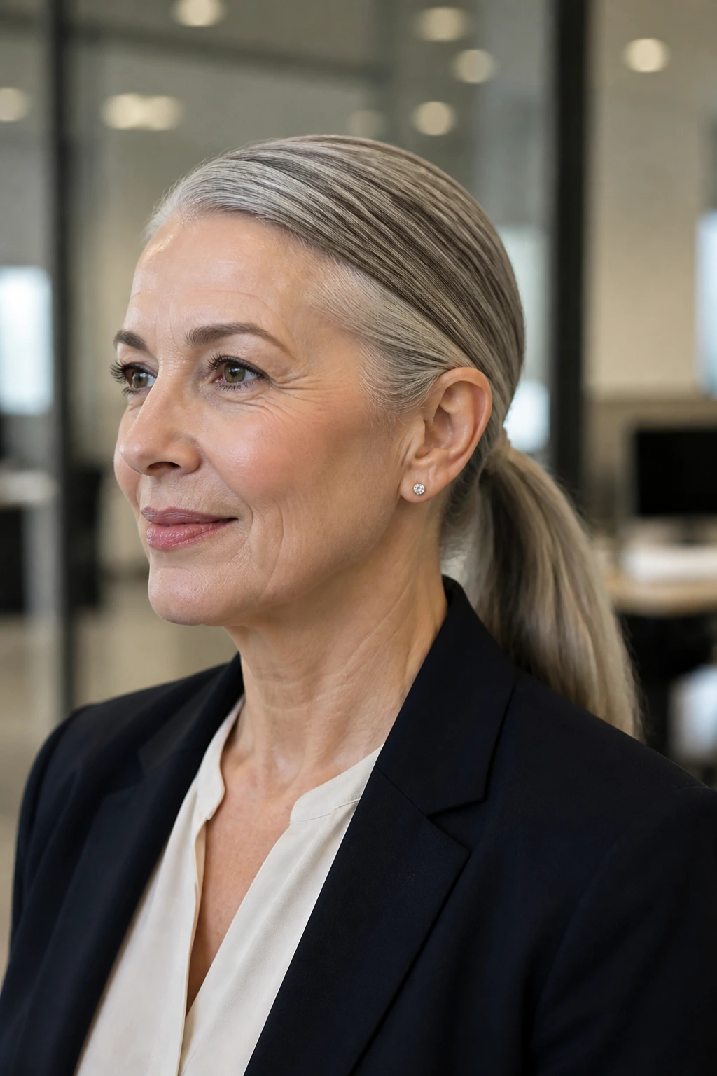 Close-up of a real woman with a polished straight ponytail in an office setting