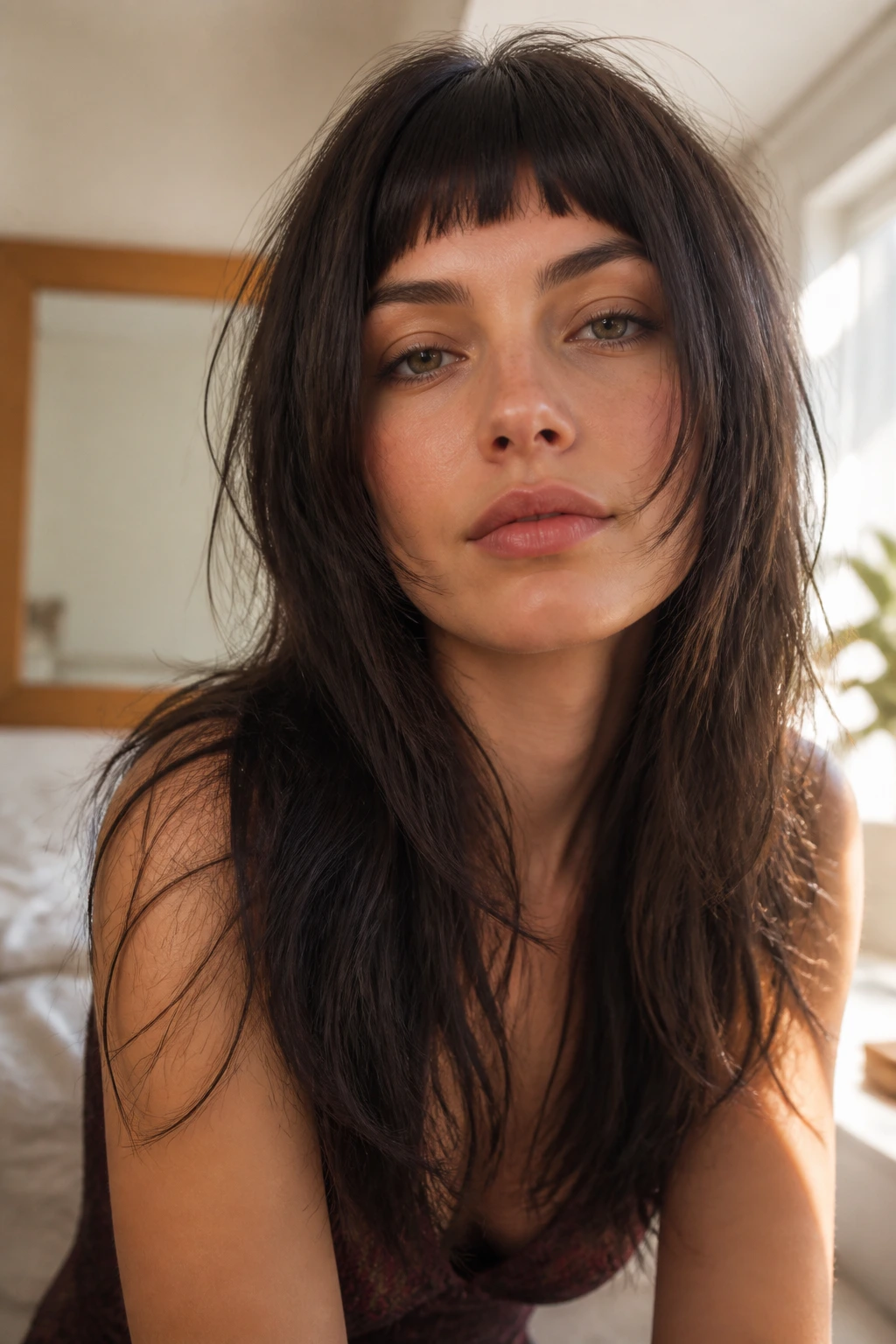 Close-up of a real person with straight-hair shag and blunt short bangs
