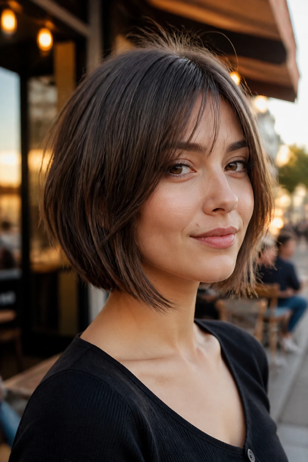 Close-up of a real woman with a straight shag bob showing controlled interior layers.