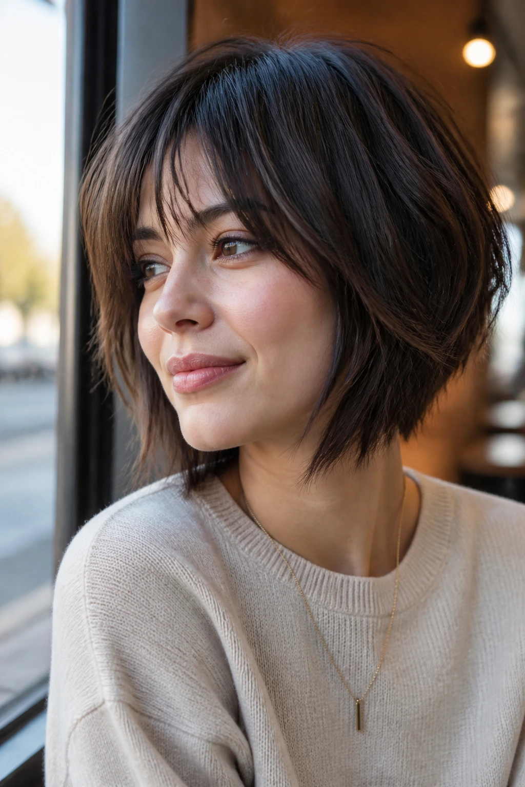 Close-up portrait of a real woman with a straight shag bob