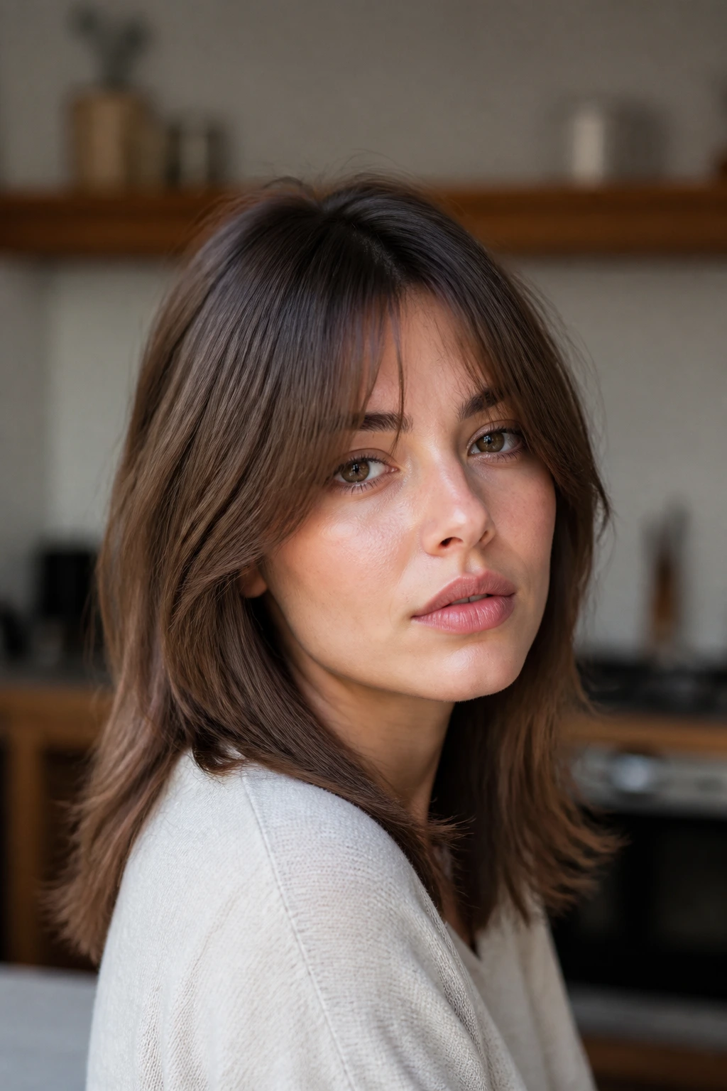 Portrait of a woman with a straight shag and curtain bangs