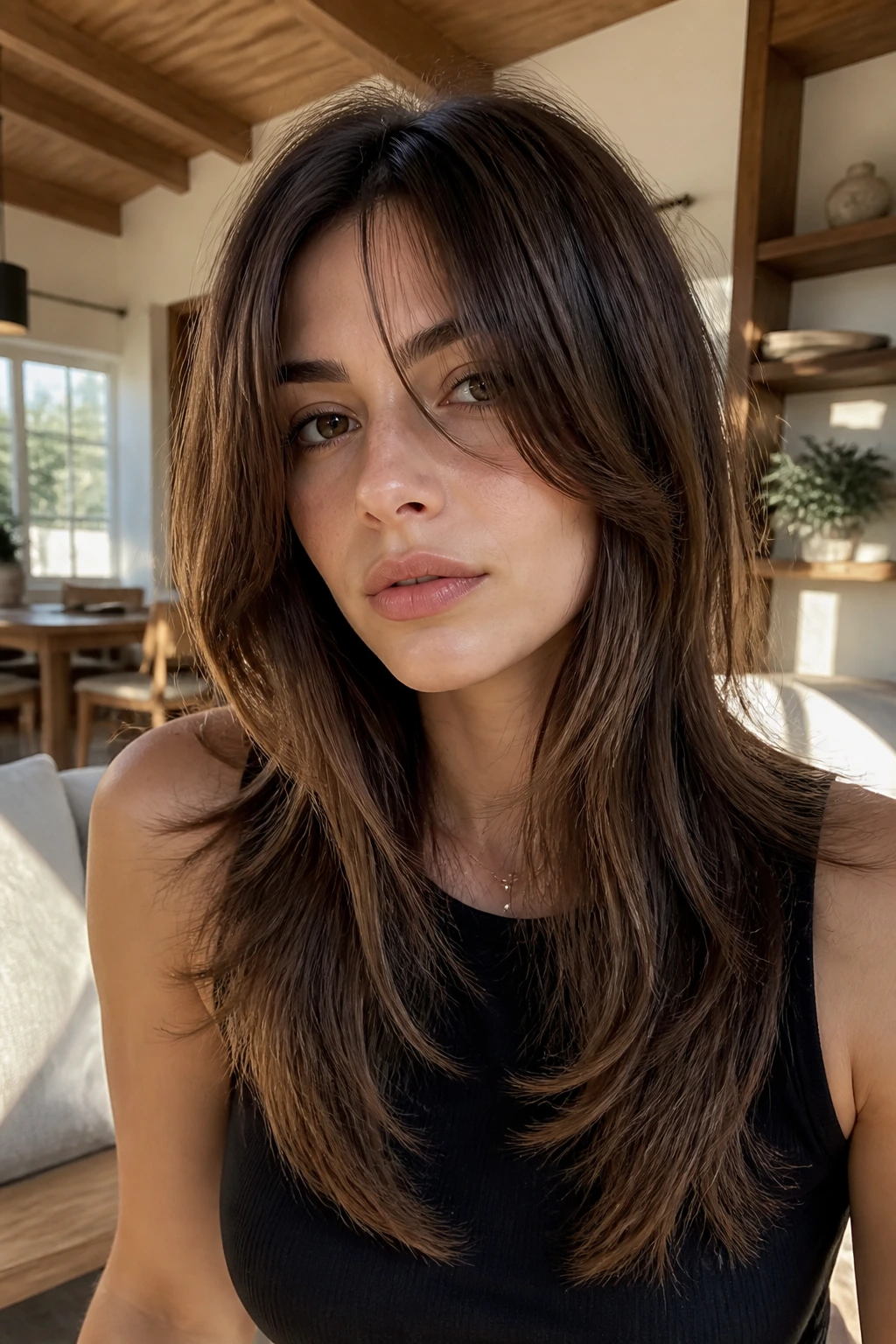 Close-up of a real woman with straight shag featuring feathered ends in a sunlit living room