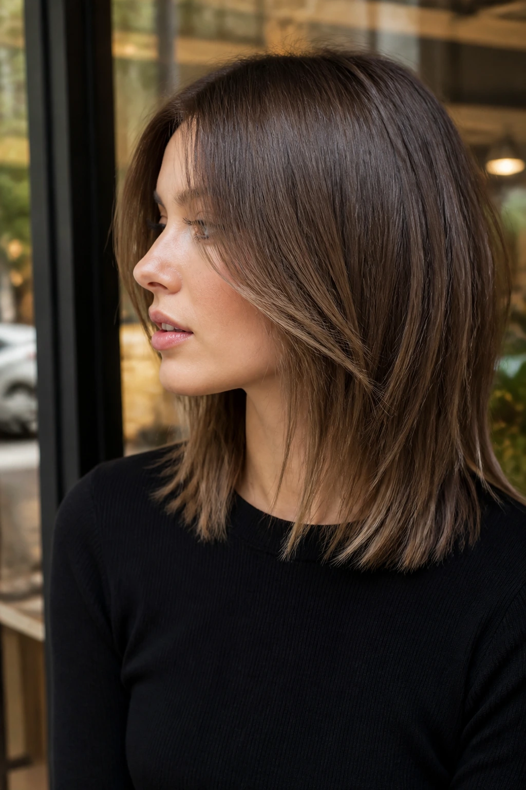 Portrait of a woman with straight shag lob showing choppy layered ends.