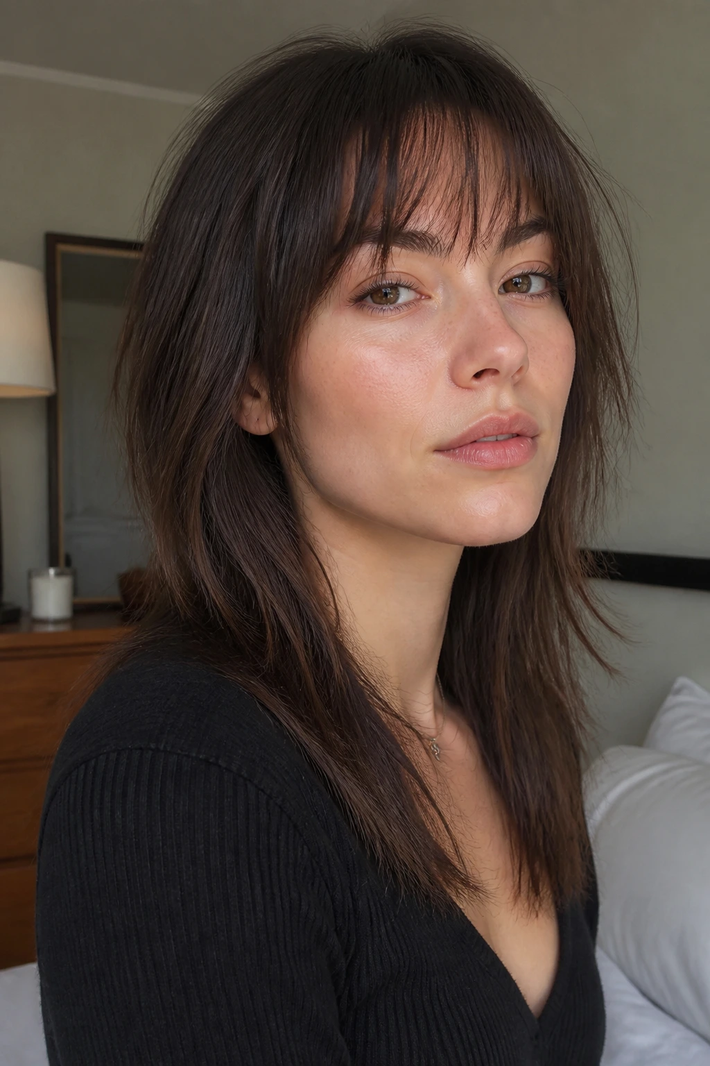 Straight Shag with Wispy Grown-Out Fringe close-up portrait with wispy fringe and textured layers in natural window light