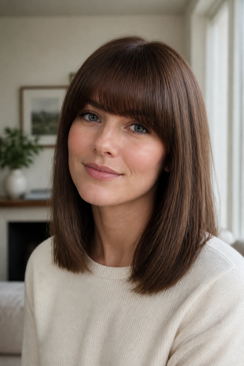Medium close-up of a woman with straight shoulder-length hair and rounded bangs