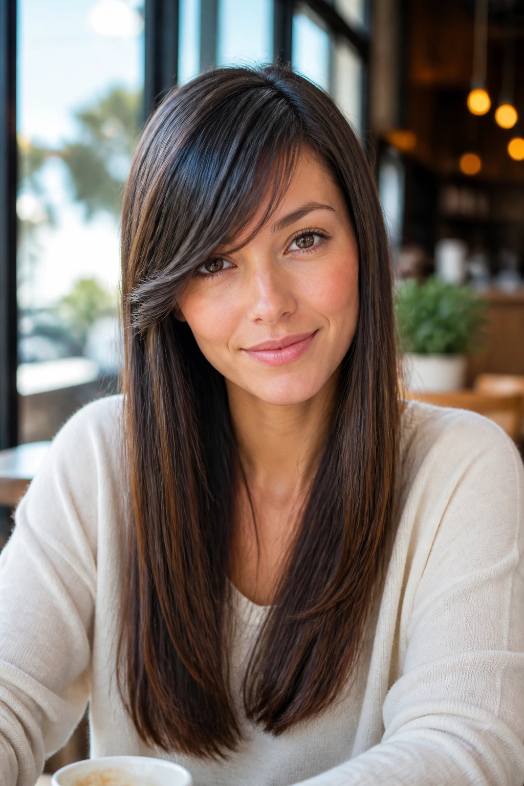 Straight hair with a side bang and slight bend in bright cafe light