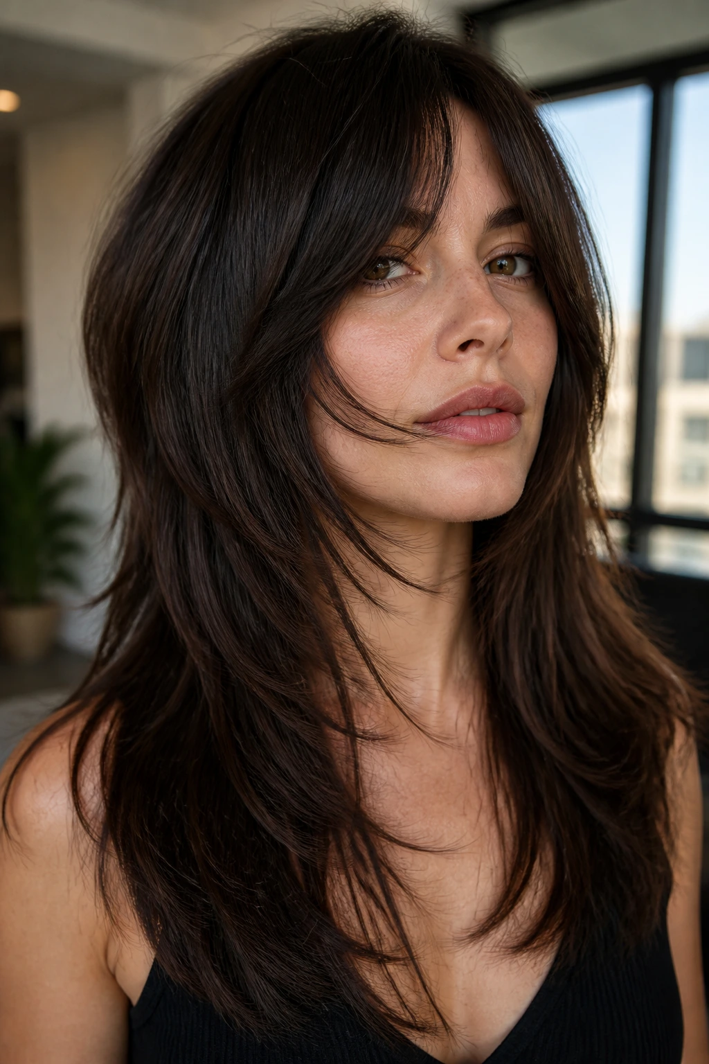 Portrait of a real person with Straight Thick-Hair Shag showing long layered ends