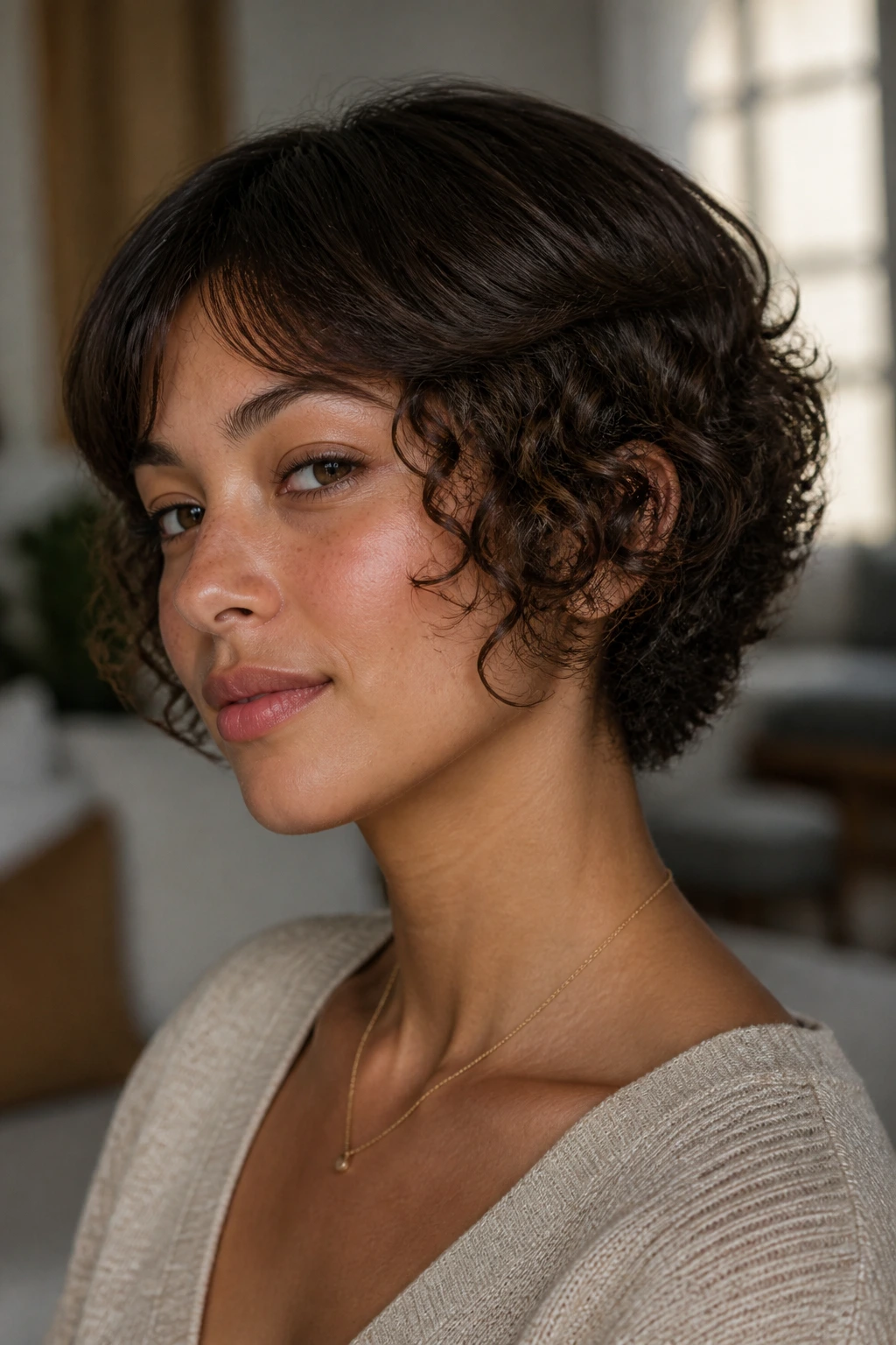 Portrait of a person with four hair textures: straight, wavy, curly, and coily in a short layered style.