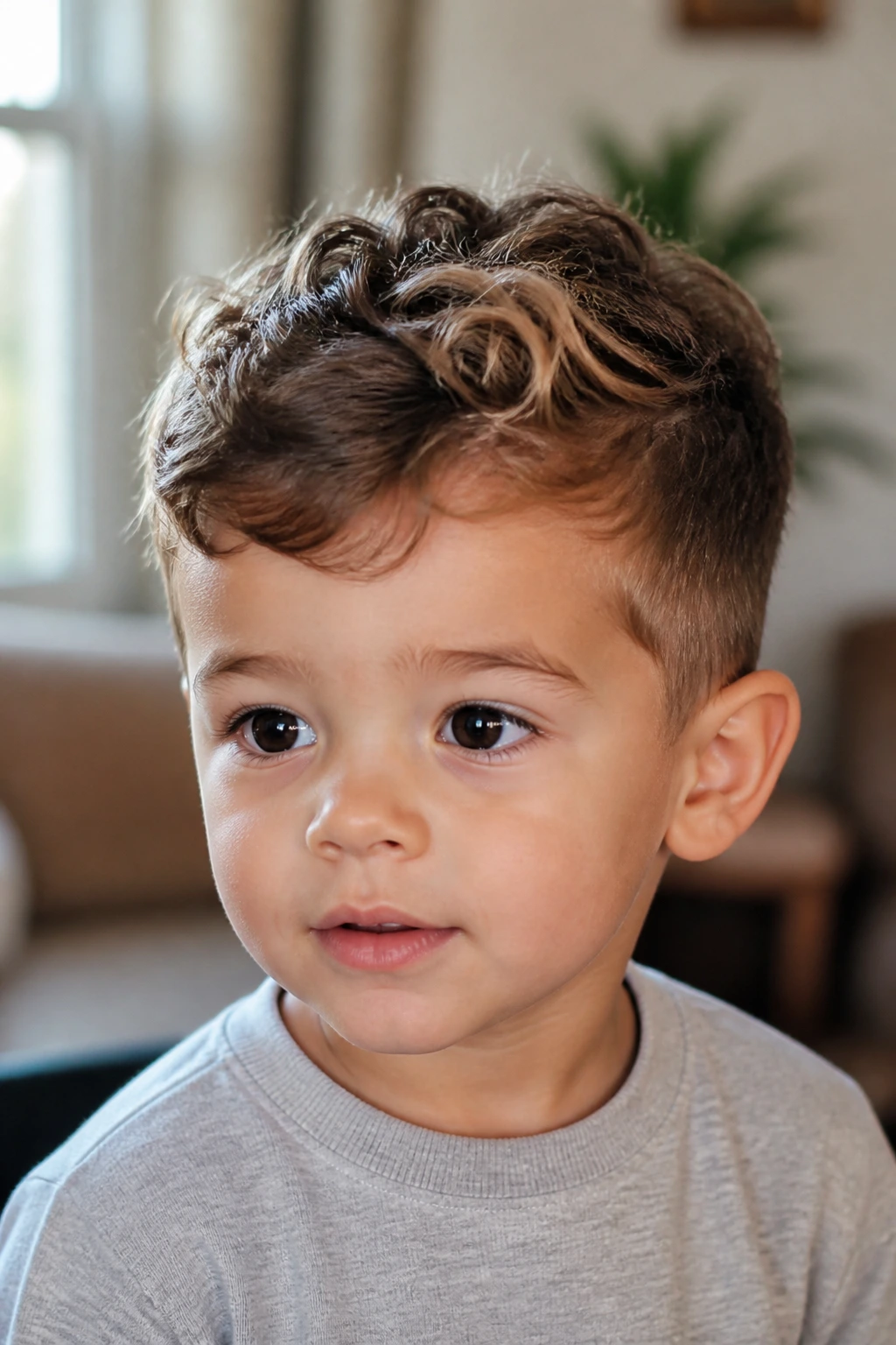 Toddler with a versatile short crop showing multiple hair textures.