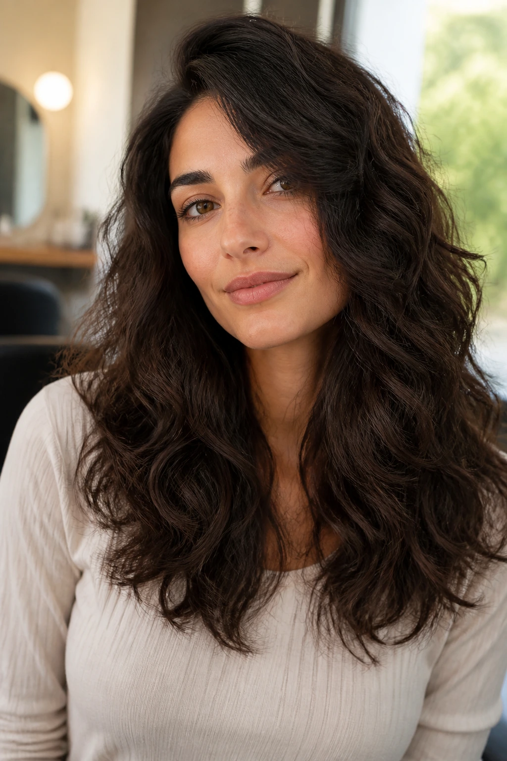 Concept image illustrating strategic shape for thick wavy hair on a real person
