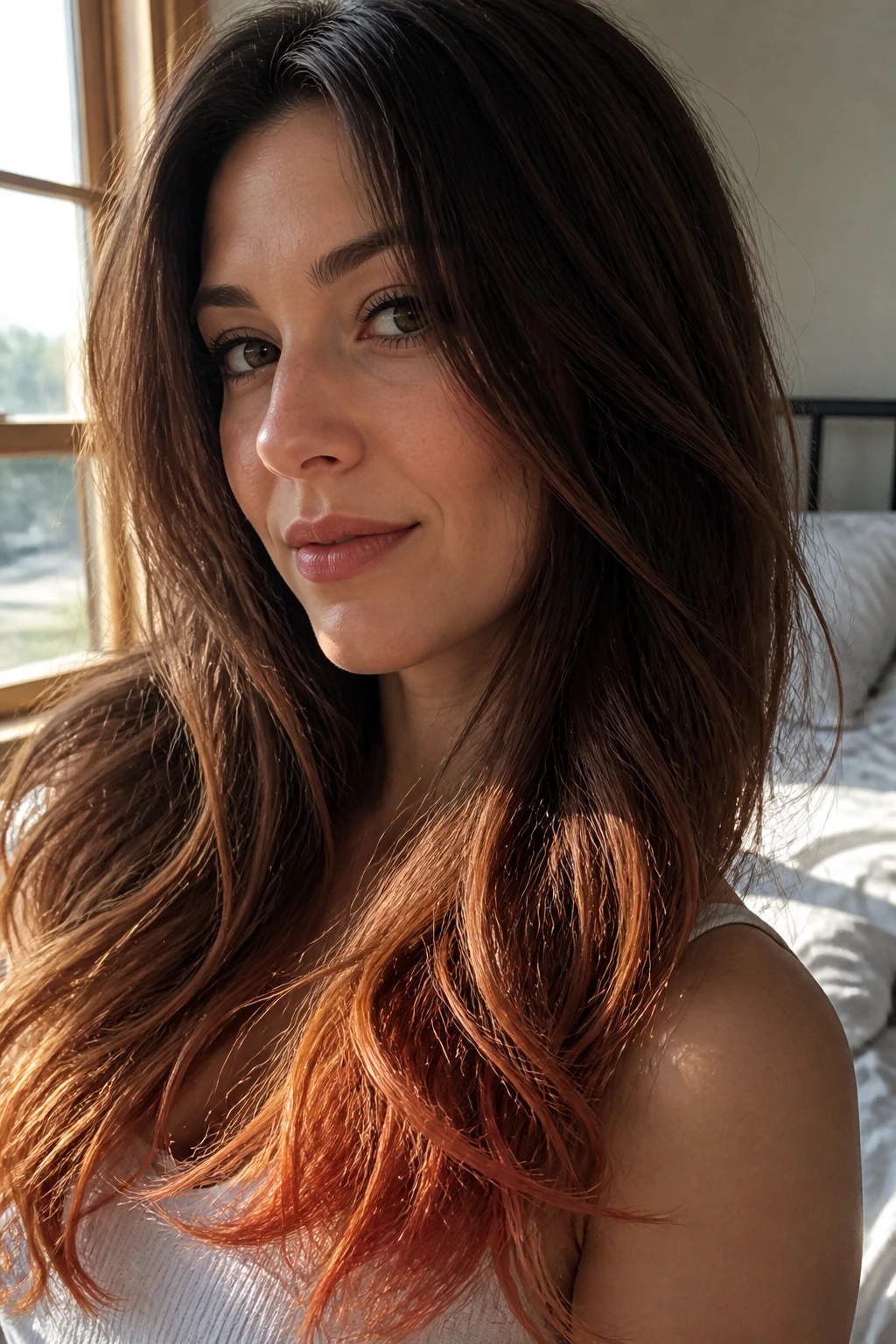 Real woman with strawberry auburn ends showing lighter tips