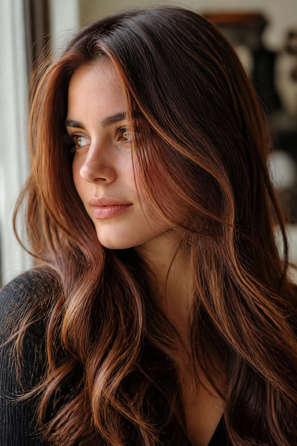 Close-up of brunette with strawberry babylights framing the face in warm light