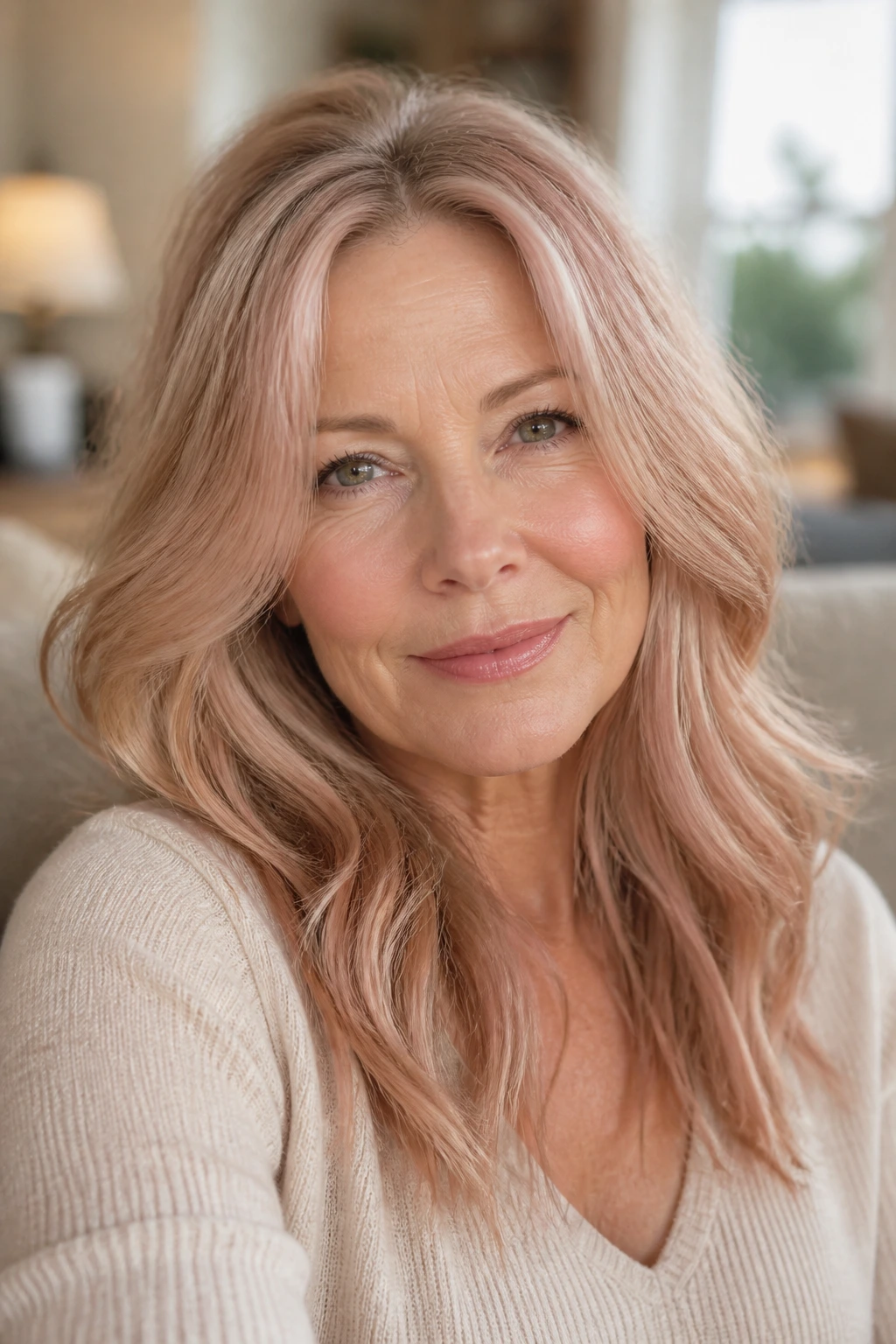 Close-up portrait of a real woman with strawberry beige blonde and peach undertones in warm daylight