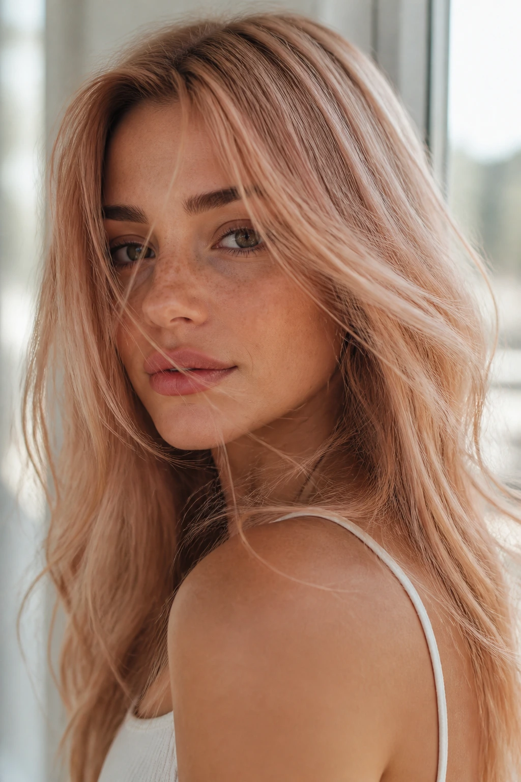 Close-up of a real woman with strawberry beige dimension hair.