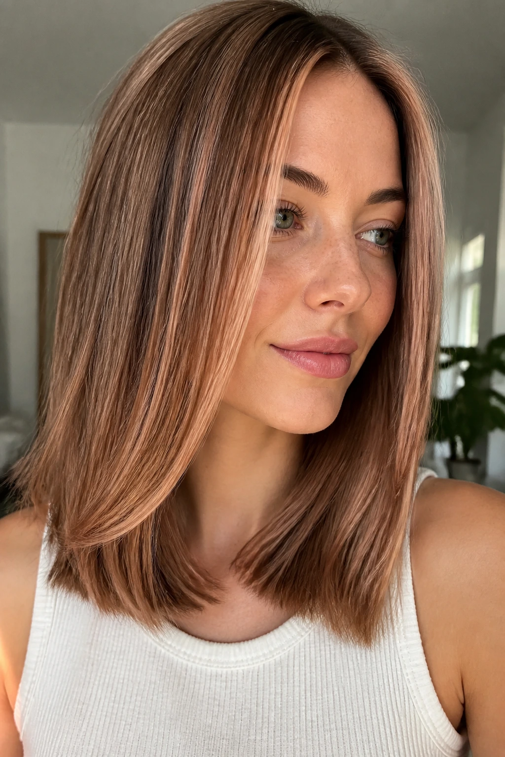 Close-up of a real woman with straight hair and strawberry beige highlights in natural light