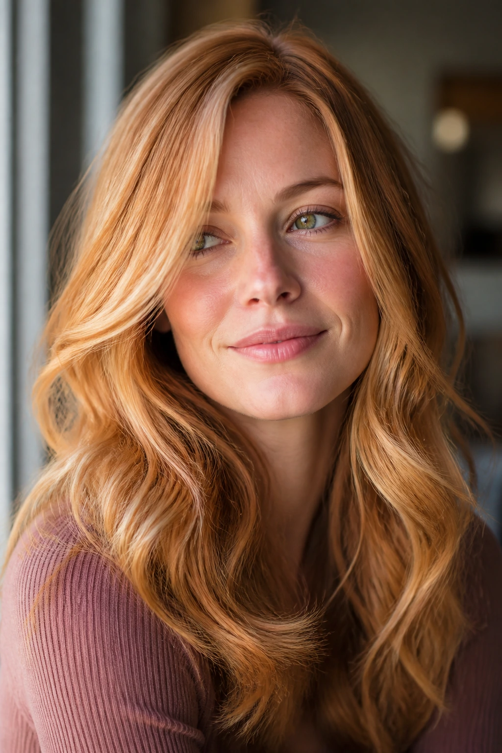 Real woman with strawberry blonde balayage, warm light