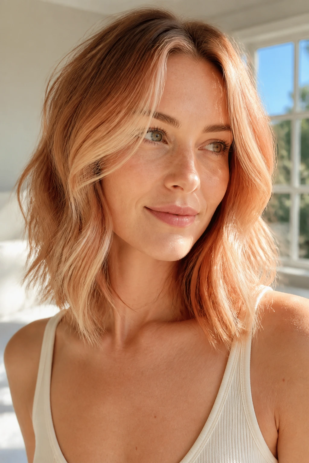 Close-up of strawberry blonde balayage on shoulder-length hair with soft front pieces