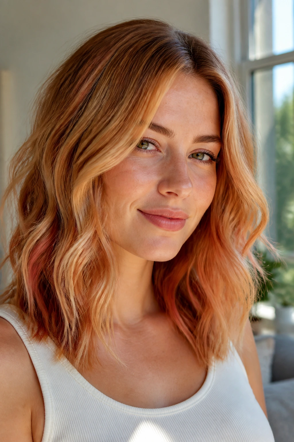 Close-up portrait of a real woman with strawberry blonde balayage in warm spring light