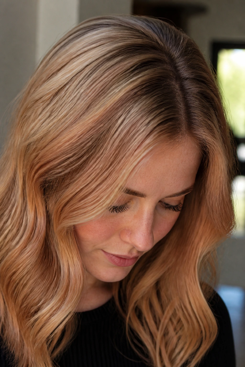 Close-up portrait of a real person showing strawberry blonde hair across two base shades to illustrate color change by base.