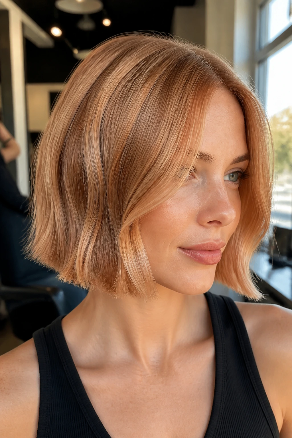 Close-up portrait of a real woman with strawberry blonde bob and soft bend