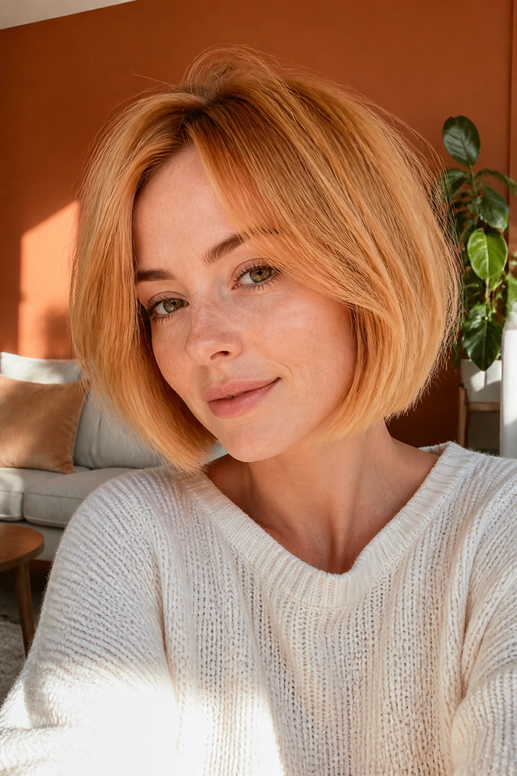 Close-up of a real person with strawberry blonde bob featuring warmer ends