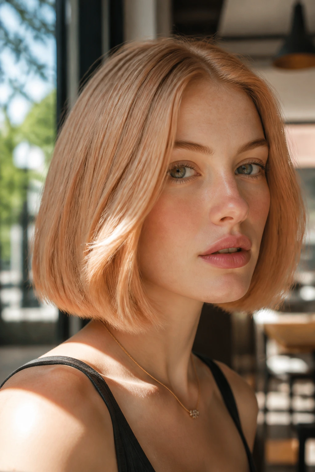 Real portrait with strawberry blonde bob, warm daylight tones.