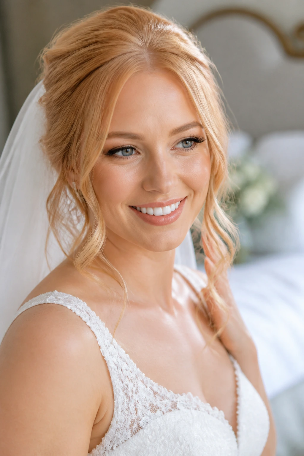 Real bride with strawberry blonde hair in soft wedding light