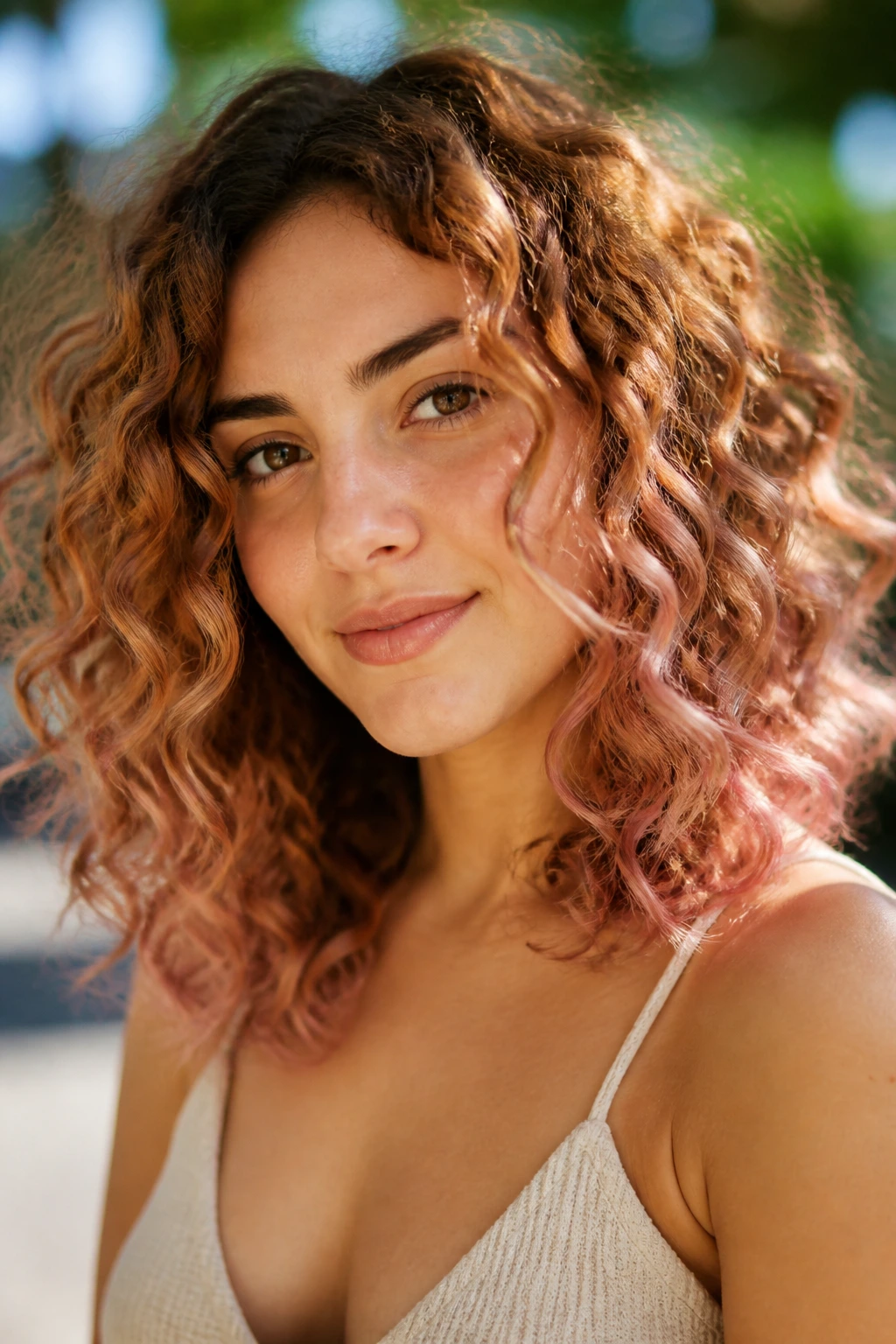 Close-up of brown curls with strawberry blonde wash