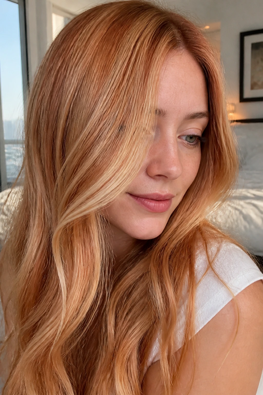 Close-up of real woman's hair showing strawberry-blonde veils over copper base in window light
