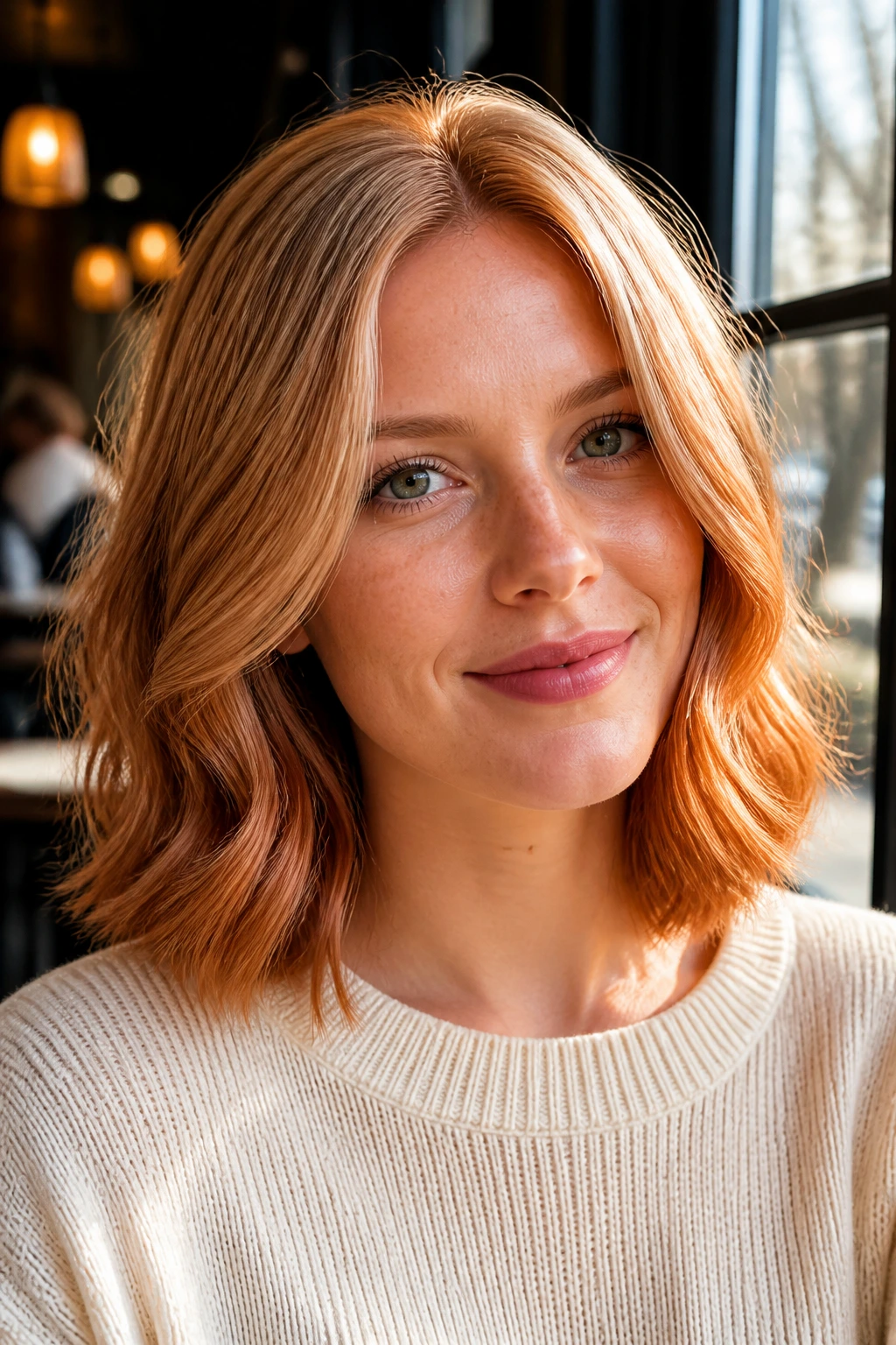 Close-up portrait of a woman with strawberry blonde lob and copper-kissed ends, warm natural light.