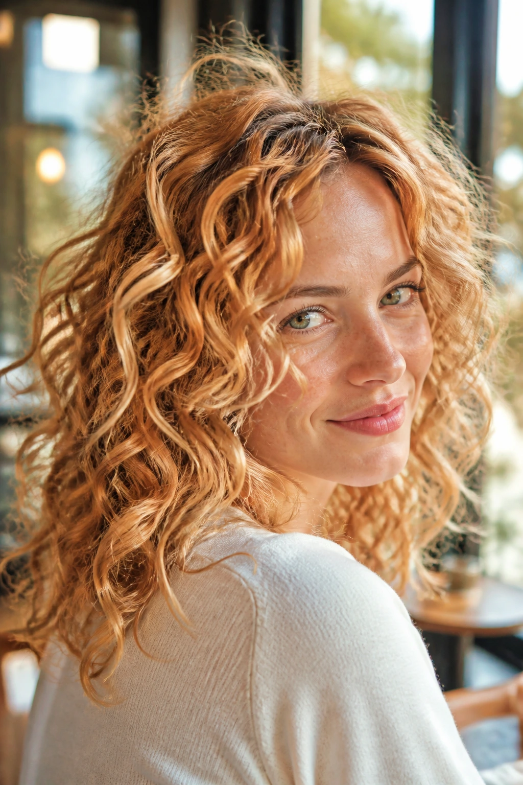 Close-up of strawberry blonde curly layers on real woman