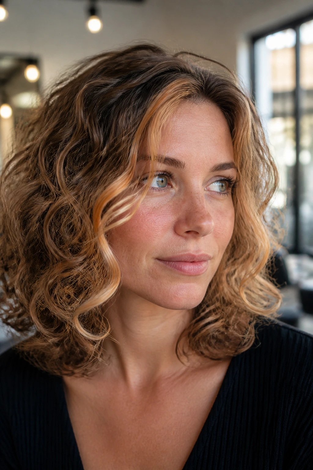 Portrait of strawberry blonde face frame highlights along front hairline on curly hair