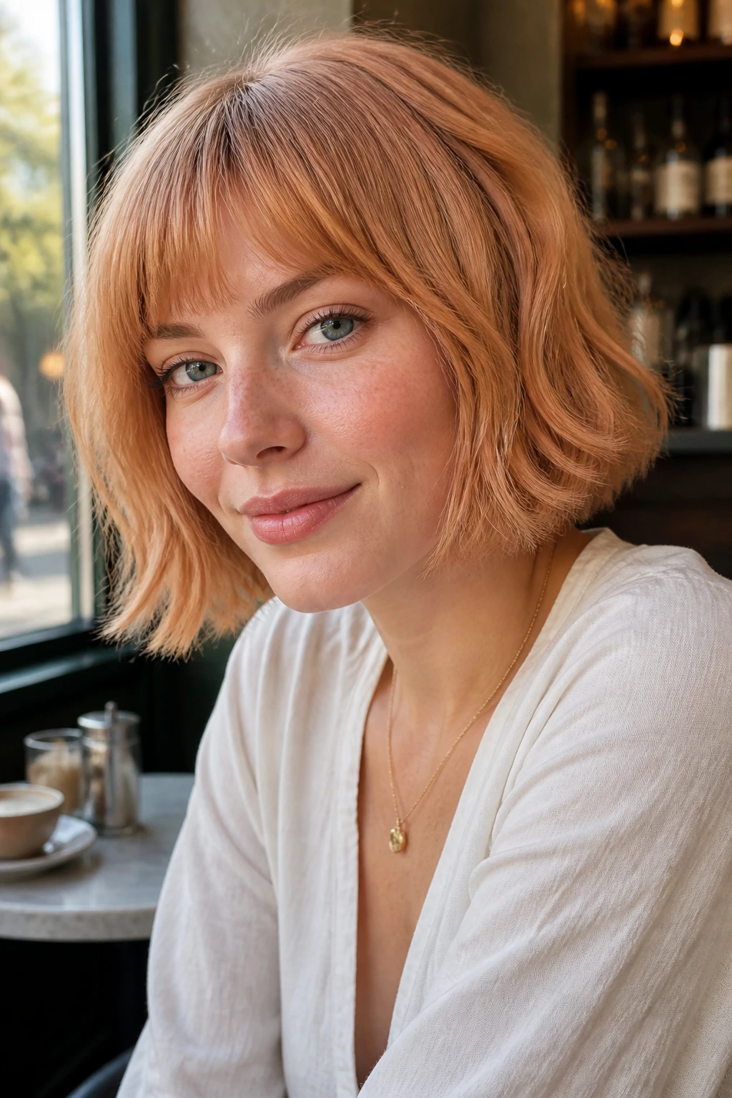 Portrait of a woman with strawberry blonde French bob in natural light