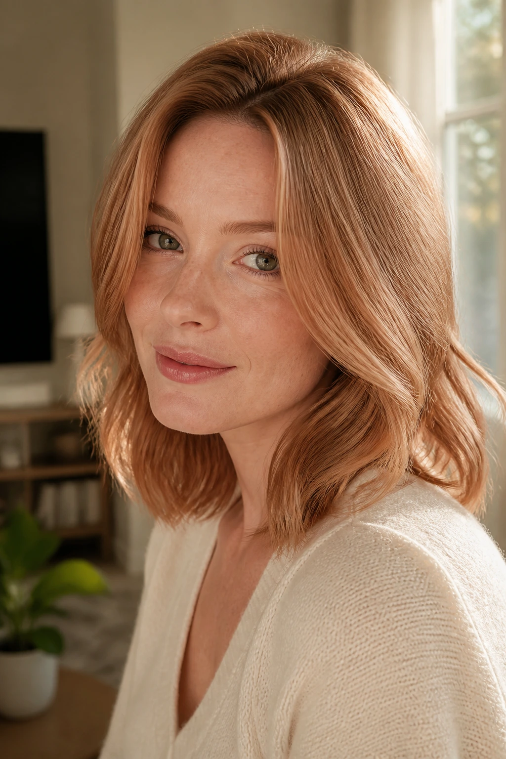 Close-up portrait of a real woman with strawberry blonde glaze hair in soft waves