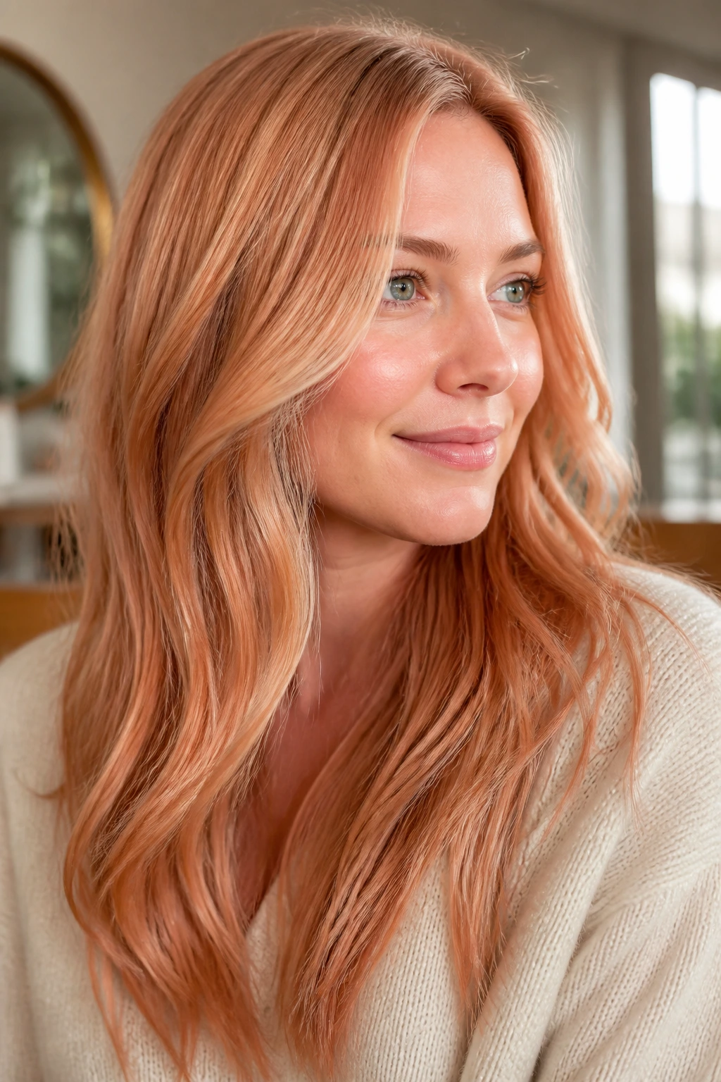 Real woman with glossy strawberry blonde hair refreshed for shine and warmth.
