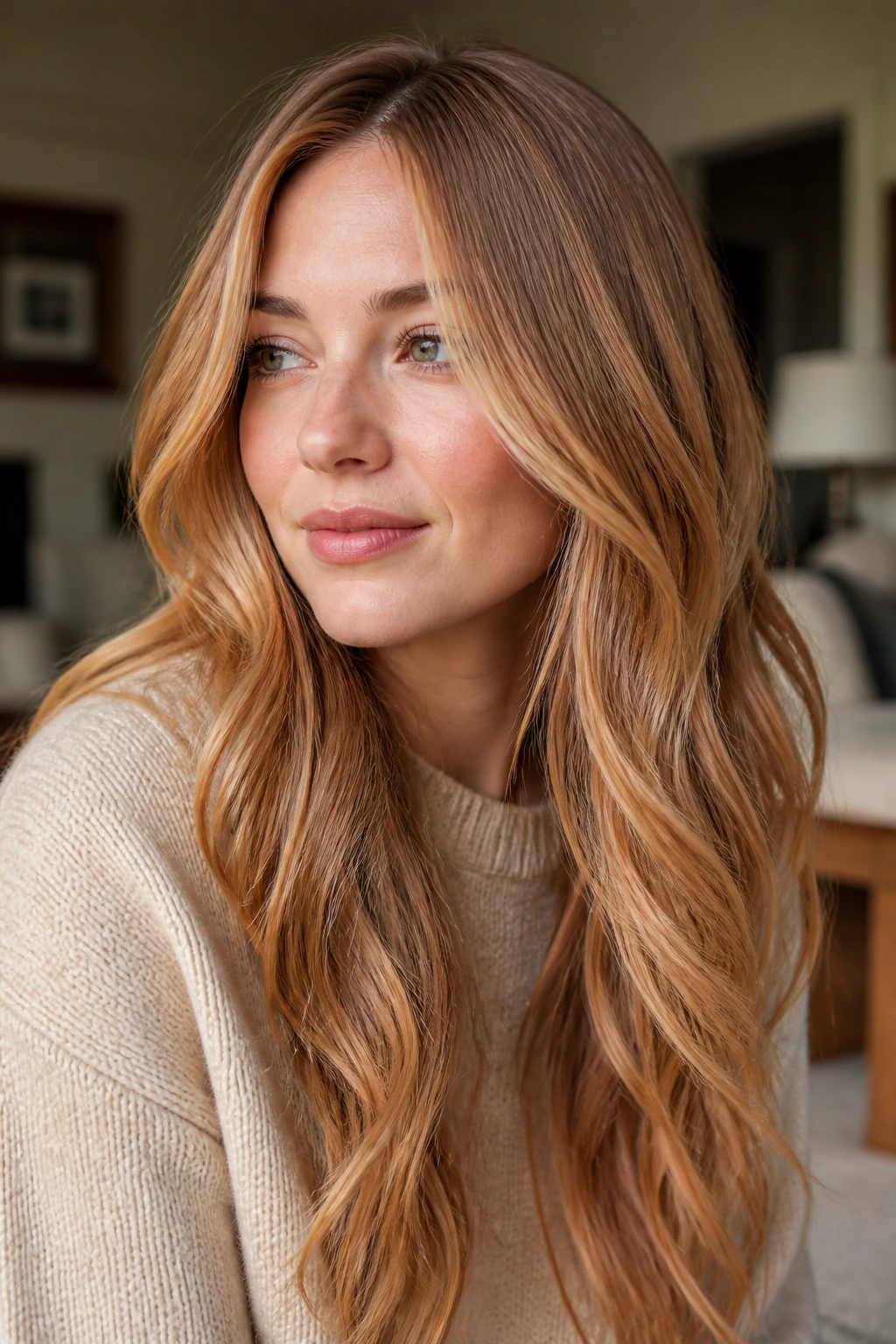 Portrait of hair showing strawberry blonde and gold highlights with warm glow.
