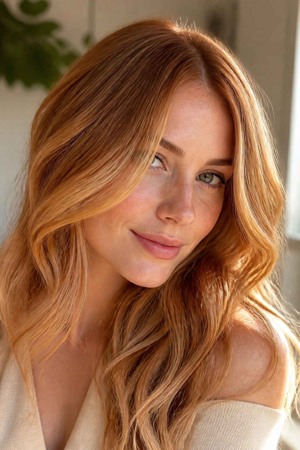 Close-up portrait of a real woman with strawberry blonde hair and gold reflections