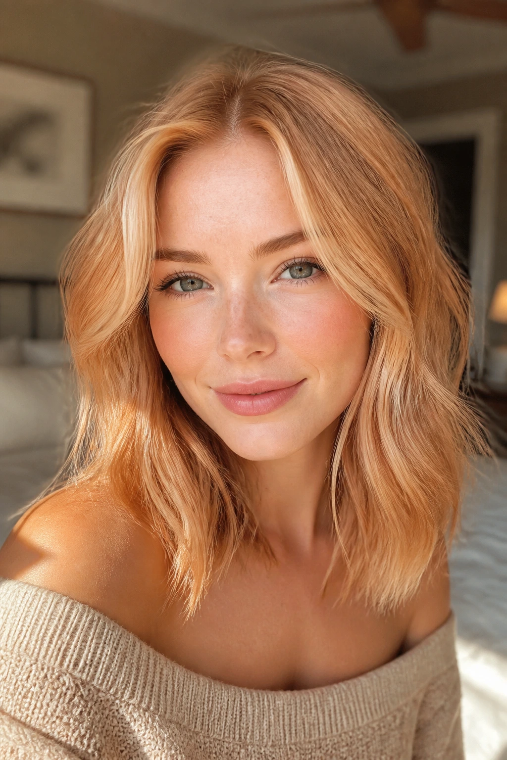 Close-up portrait of a real woman with strawberry blonde hair