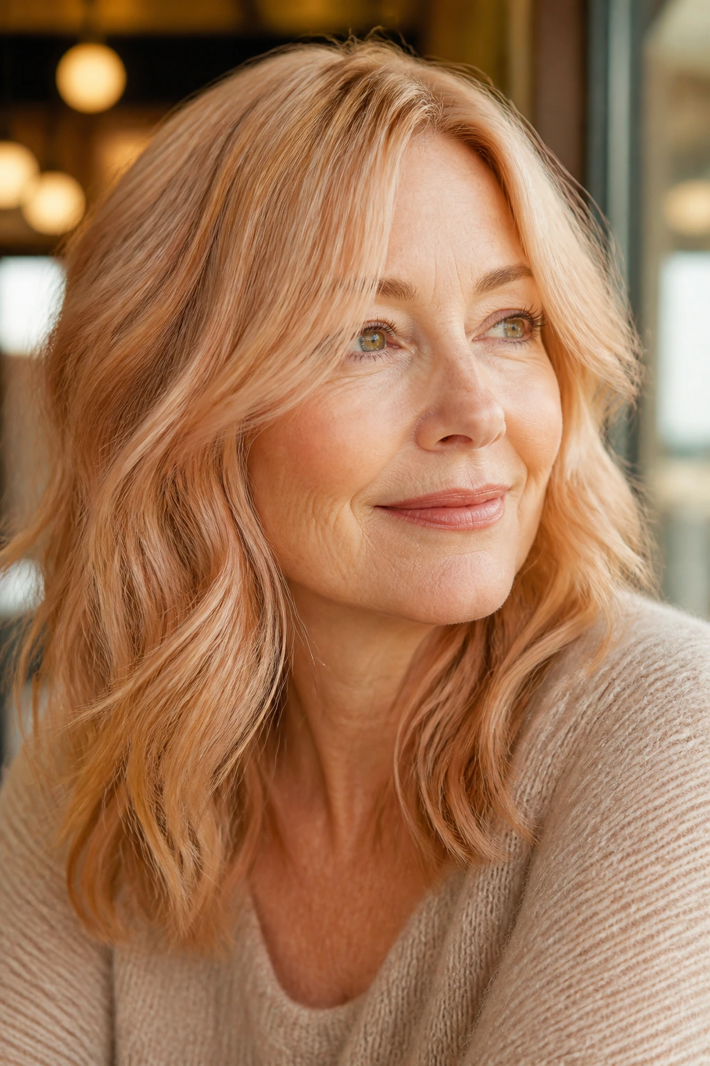 Close-up portrait of a real woman with strawberry blonde hair and pink-gold highlights