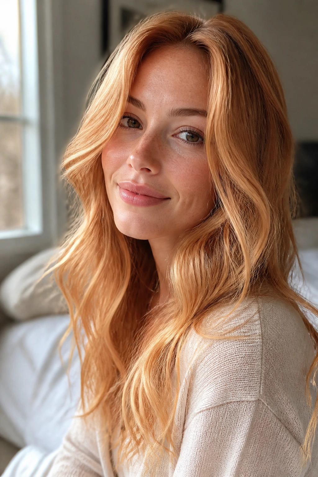 Close-up of a real woman with strawberry blonde hair in soft window light