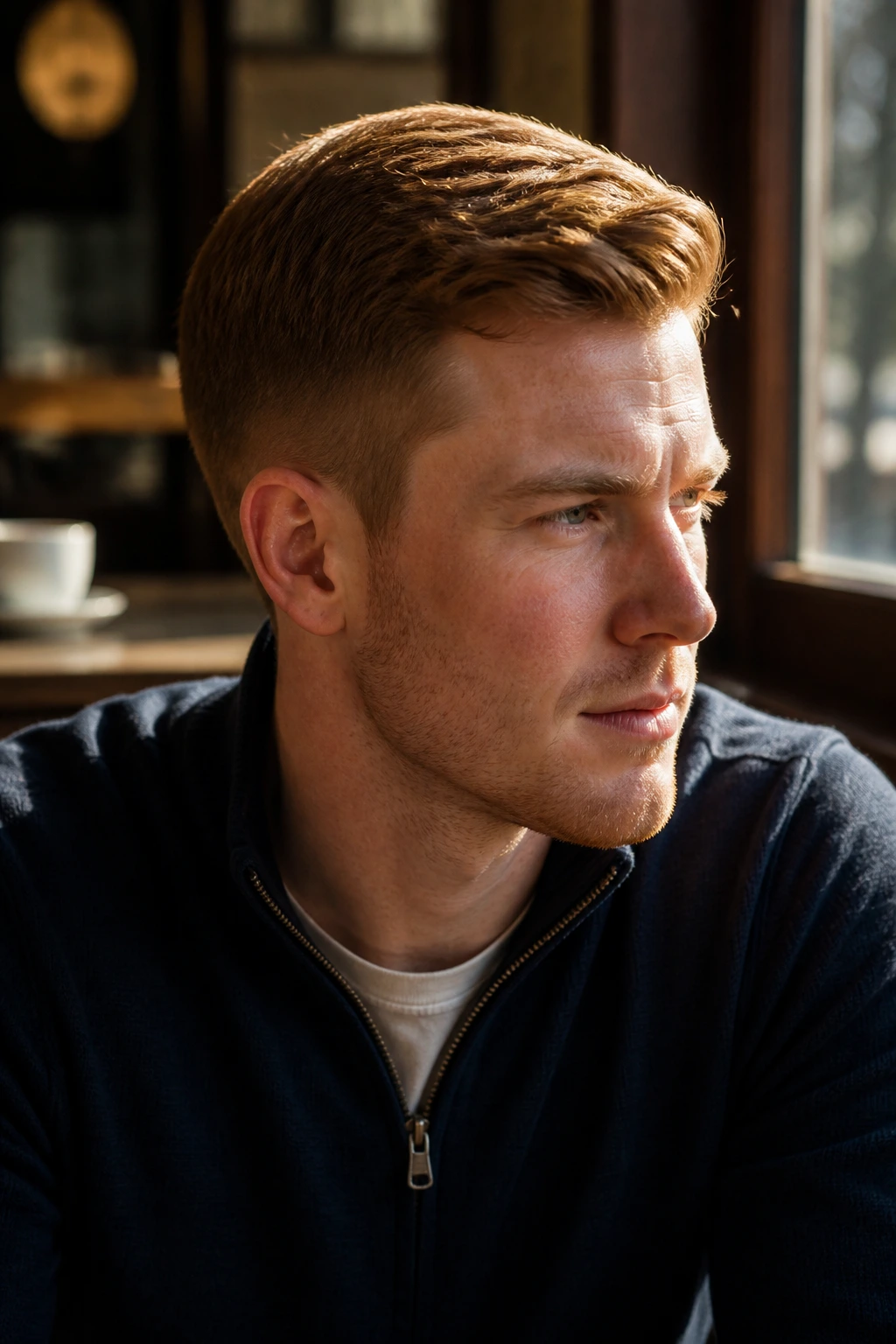 Close-up of a man with strawberry blonde Ivy League haircut in a sunlit cafe