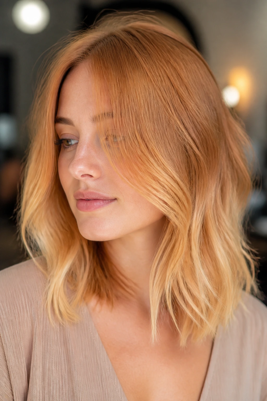 Close-up of a real person with strawberry blonde hair and lifted blonde ends on medium-length hair.