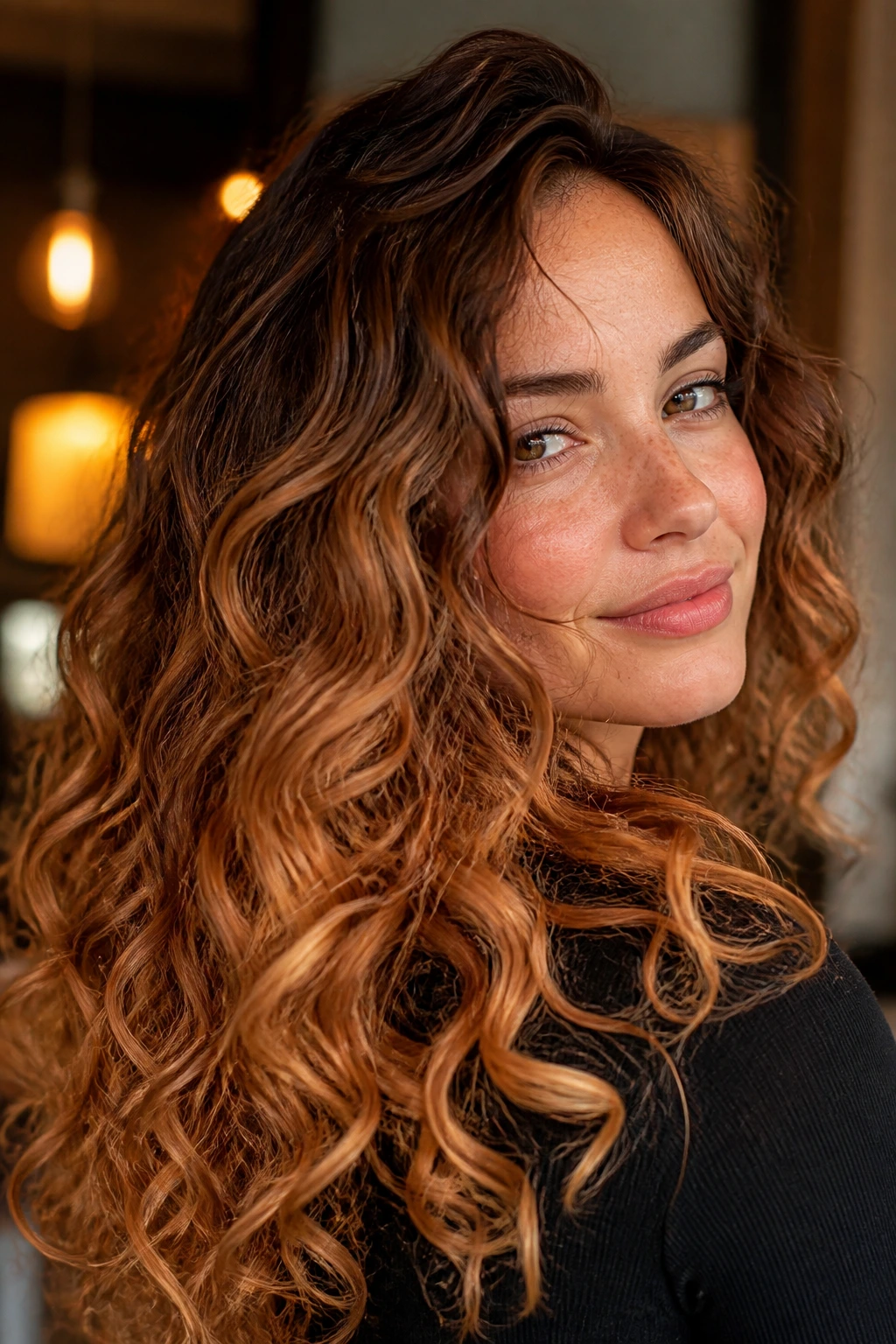 Close-up portrait of a real woman with strawberry blonde melt on long curls