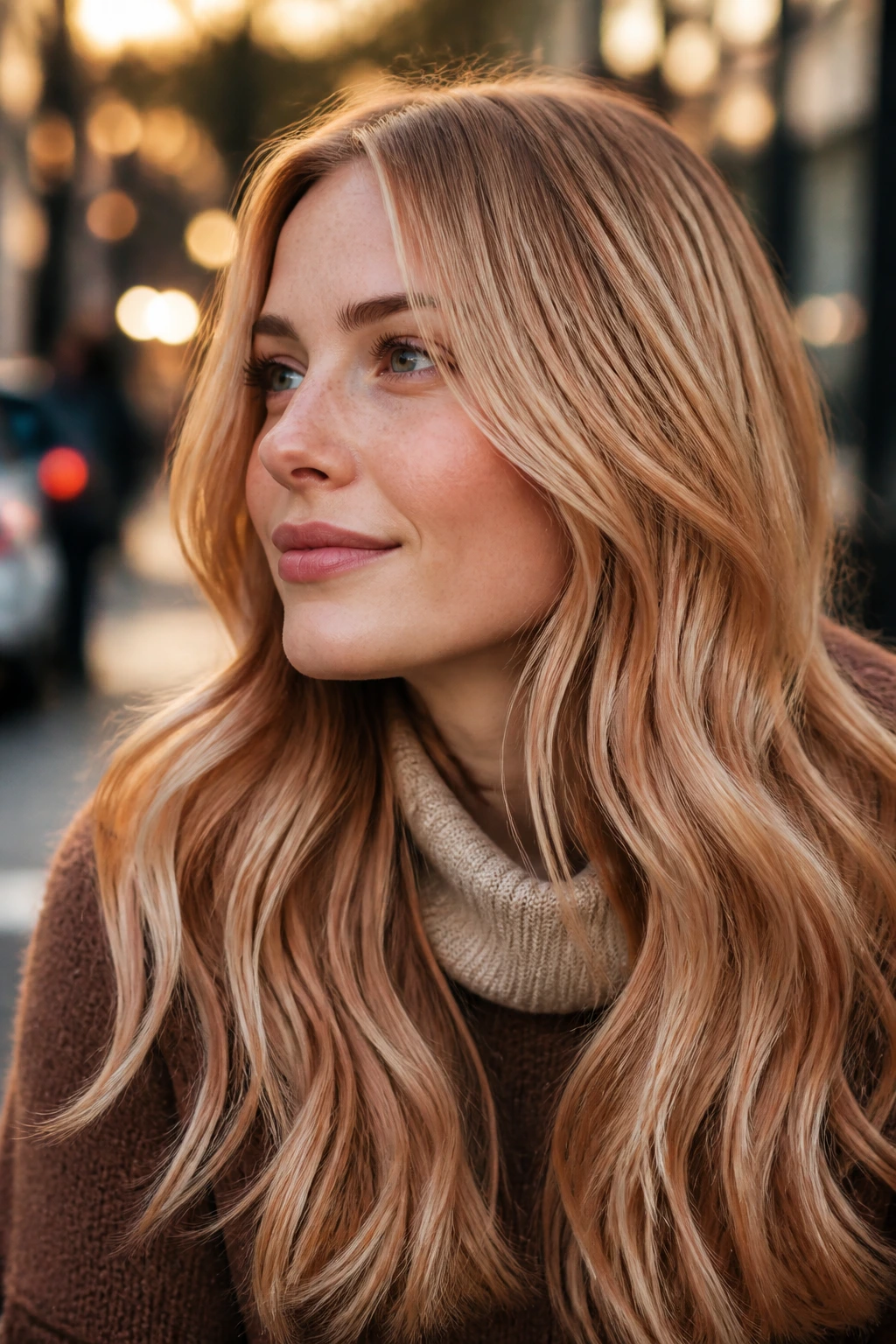 Close-up of a real woman with strawberry blonde melt color