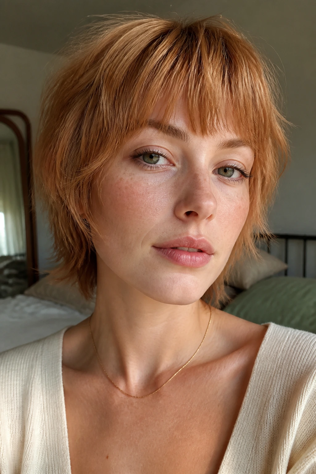 Close-up of a real person with strawberry blonde micro shag and wispy fringe