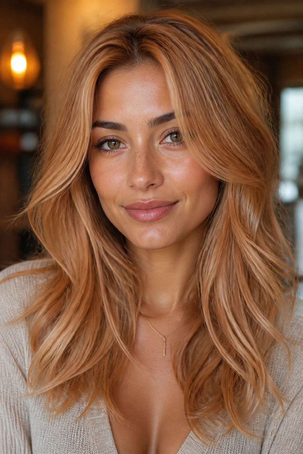 Close-up portrait of a real woman with strawberry blonde hair and golden warmth on olive skin