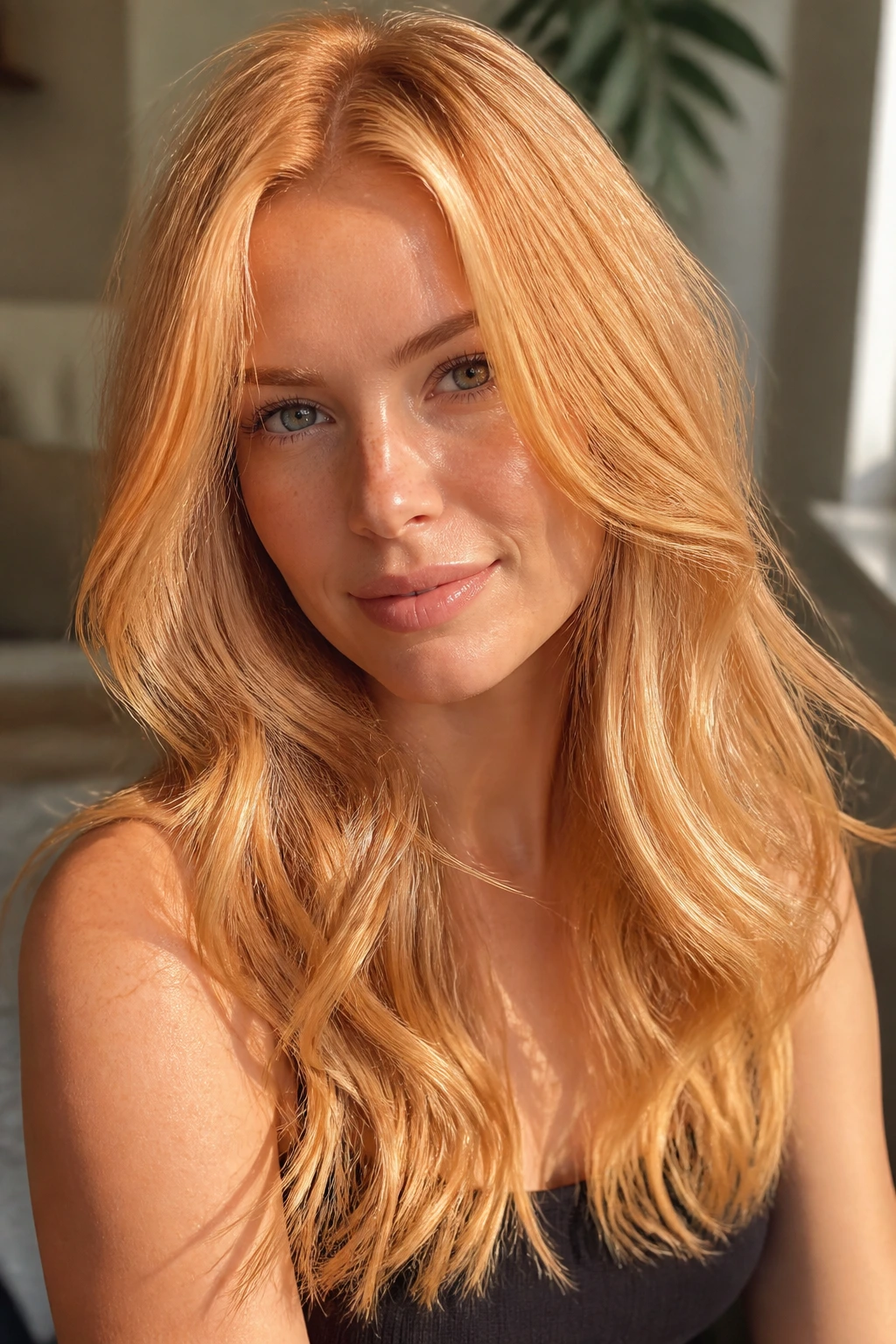 Close-up portrait of a real woman with strawberry blonde hair blending pale gold peach and copper