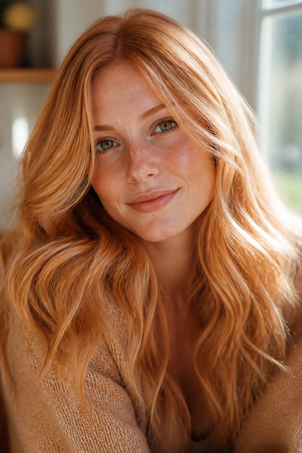 Close-up of a real woman with strawberry blonde hair and peach warmth