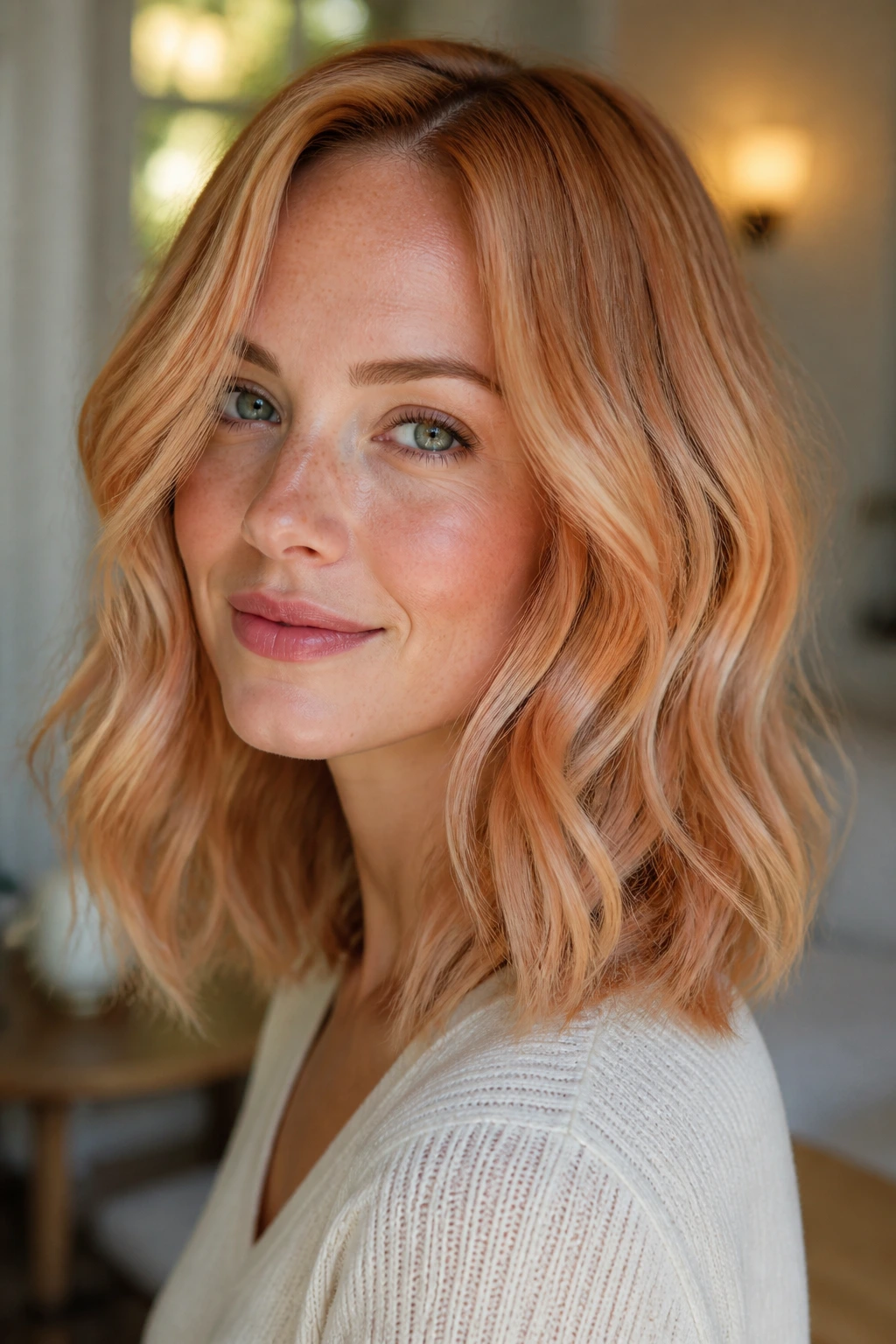 Close-up of a real woman with strawberry blonde hair and peachy gold reflections