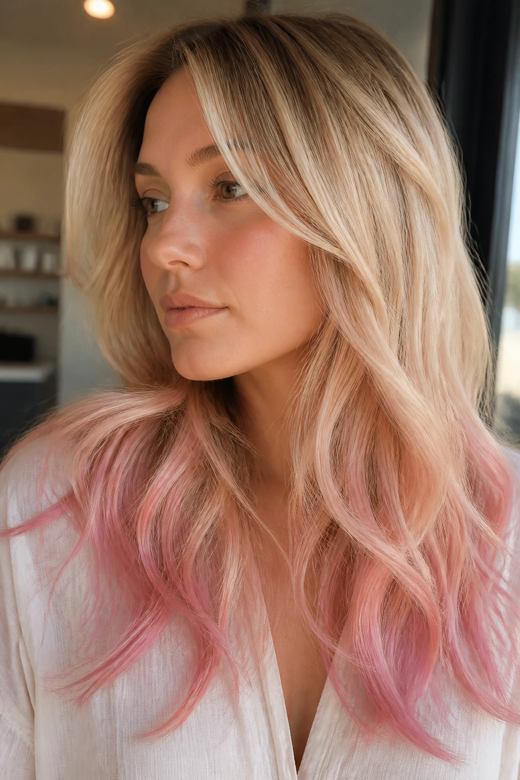 Real woman with strawberry milk blonde and pink-ended hair